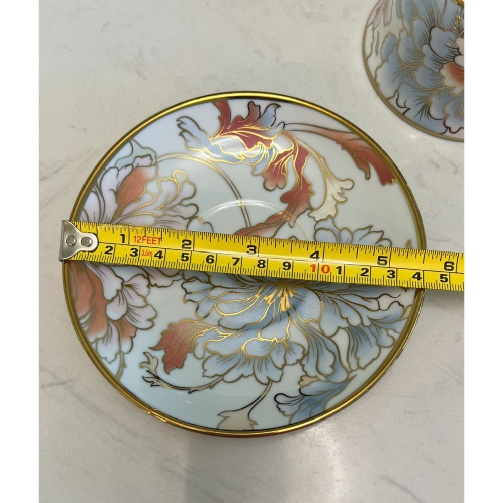 Gold Rim Peony Floral Teacup Saucer Spoon Set Fine Porcelain Cottagecore Party - Picture 12 of 14